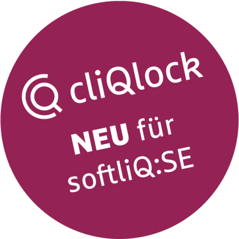 Ein runder, burgunderfarbener Kreis enthält den weißen Text „cliQlock NEU für softliQ:SE“.