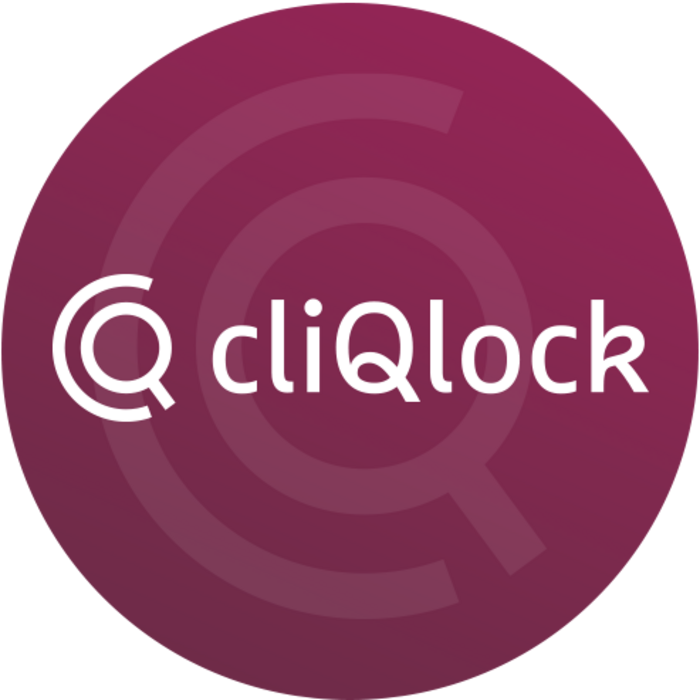 Ein lila Kreis mit dem Wort "cliqlock" in weißer Schrift; zwei ineinander verschlungene Buchstaben "C" und "Q" sind links daneben.