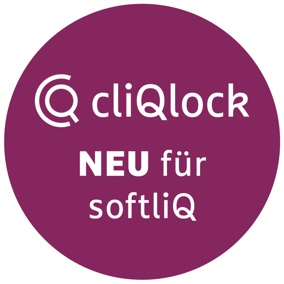 Ein runder, burgunderfarbener Kreis enthält den weißen Text „cliQlock NEU für softliQ:SE“.