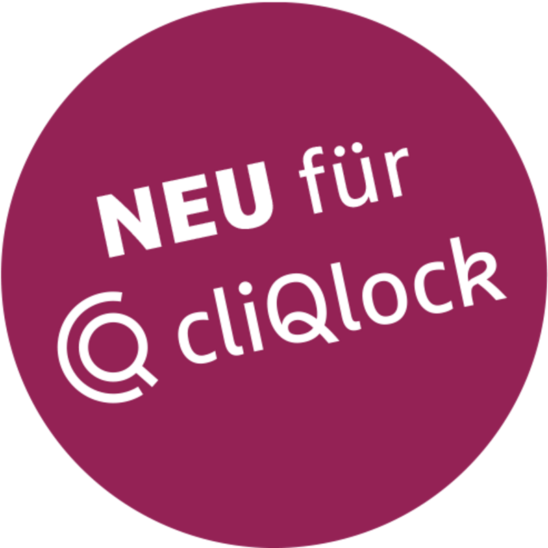 Ein runder, dunkelroter Hintergrund zeigt den weißen Text "NEU für cliQlock".